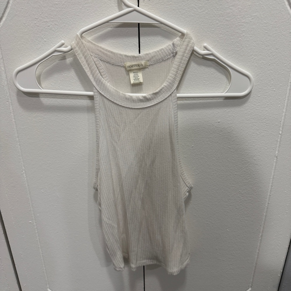 Bozzolo White High Neck Ribbed Cropped Tank Top